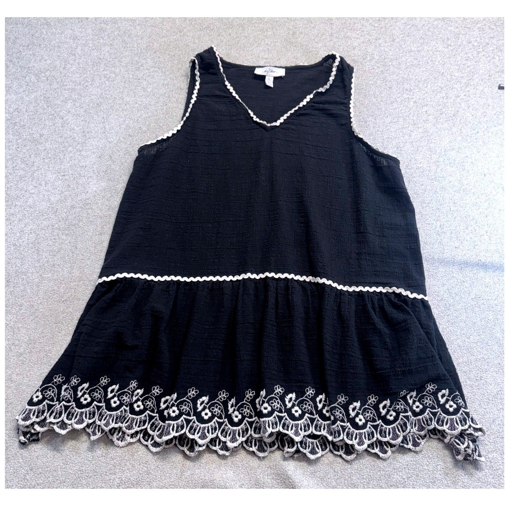 Libby Edelman Tank Top Womens L Black Eyelet Embroidered Ric-Rac Peplum Boho